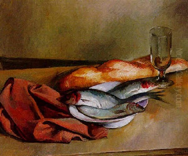 Still Life With Fish And Bread Oil Painting by Bernard Meninsky