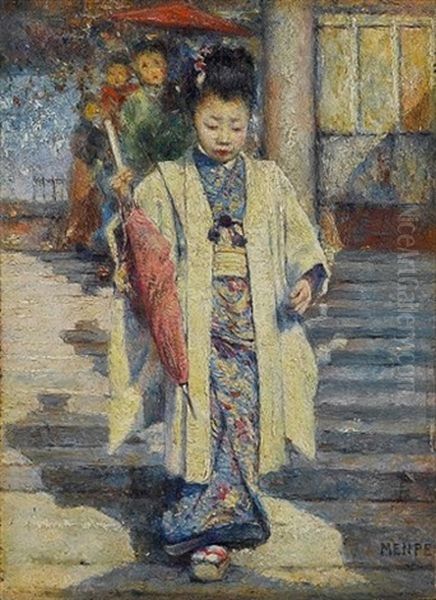 A Geisha Oil Painting by Mortimer Luddington Menpes