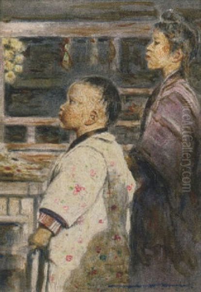 Japanese Children In A Shop Oil Painting by Mortimer Luddington Menpes