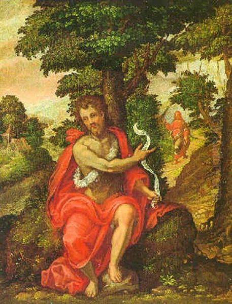 Il Battista E Cristo Sopravveniente In Un Paesaggio Oil Painting by Pietro Mera