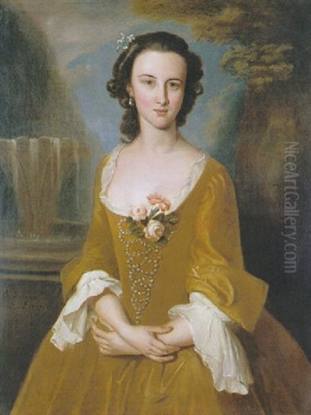 Portrait Of Mrs. Quarles Harris, Three Quarter Length, In A Garden With A Fountain Beyond Oil Painting by Philip Mercier
