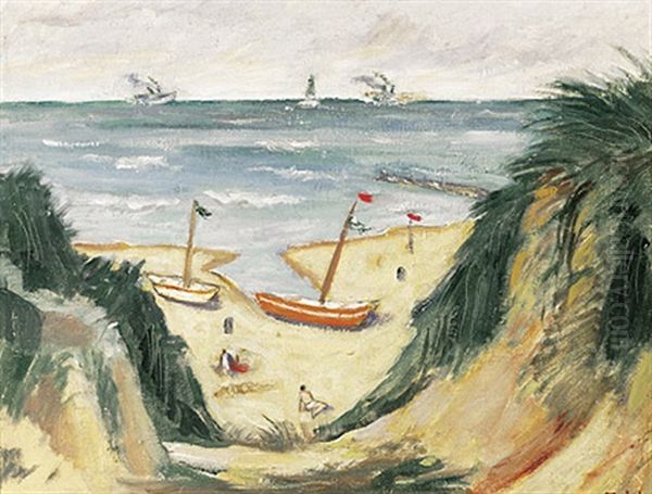Blick Von Der Hohe Auf Sudlichen Strand Mit Vorbeiziehenden Schiffen Oil Painting by Heinrich Merkel