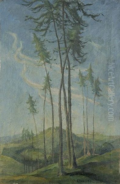 Larchen - Baume In Weiter Hugeliger Landschaft Oil Painting by Felix Meseck