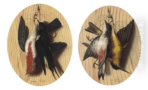 A Trompe L'oeil With Two Songbirds Hanging From A Nail (+ Another; Pair) Oil Painting by Michelangelo Meucci