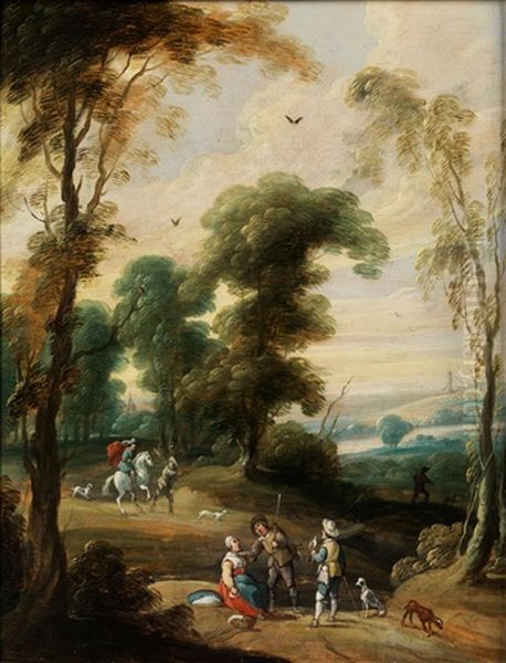 Waldstuck Mit Jagdreiter Und Falkner An Einem Hohlweg Oil Painting by Pieter Meulener