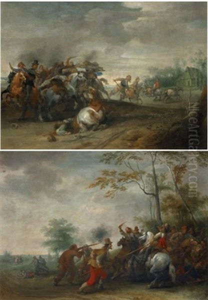 Choc De Cavalerie (+ L'embuscade; 2 Works) Oil Painting by Pieter Meulener