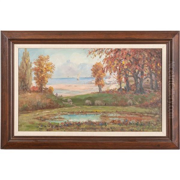 Pond With Sheep Oil Painting by Charles Alfred Meurer