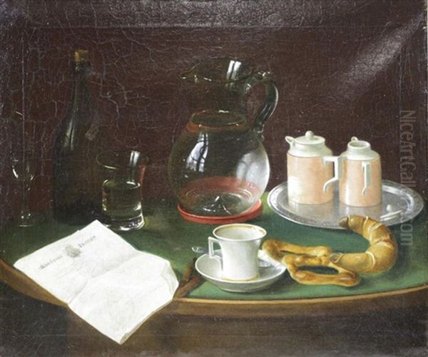 Still Life With Newspaper, Coffee And Pastries Oil Painting by Charles Alfred Meurer
