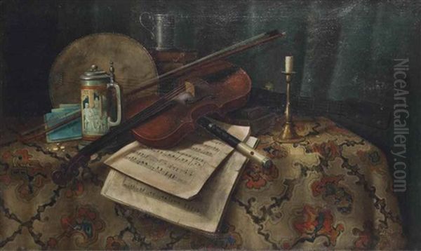 Still Life With Violin, Flute And Banjo Oil Painting by Charles Alfred Meurer