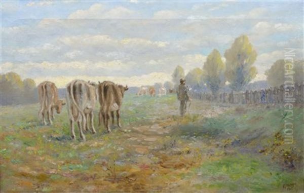 Tending Cattle Oil Painting by Charles Alfred Meurer
