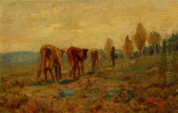 Cows To Pasture With Farmer Oil Painting by Charles Alfred Meurer