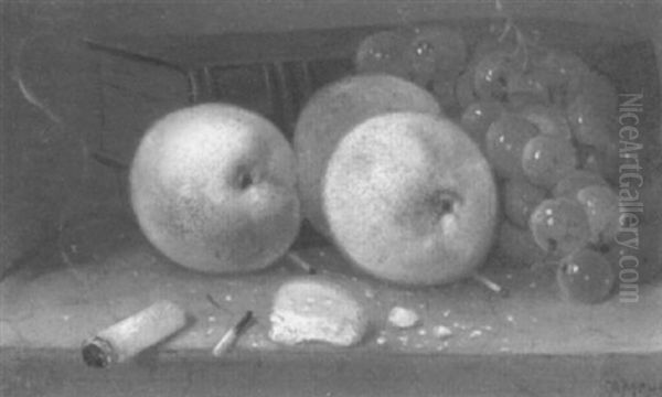 Trompe L'oeil Still Life Of Apples, Grapes And A Cigarette Oil Painting by Charles Alfred Meurer