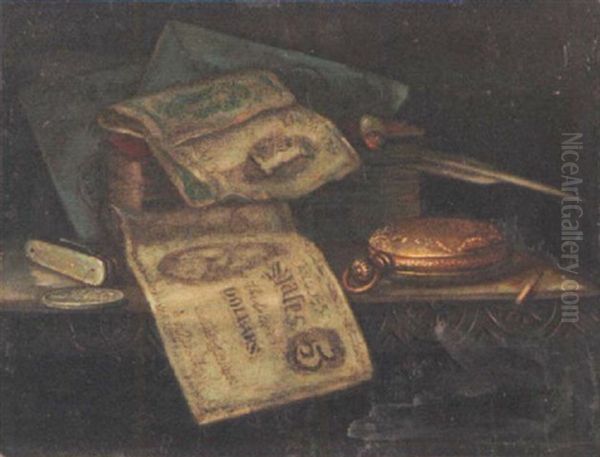 Trompe L'oeil With Bills, Watch And Cigarette Oil Painting by Charles Alfred Meurer