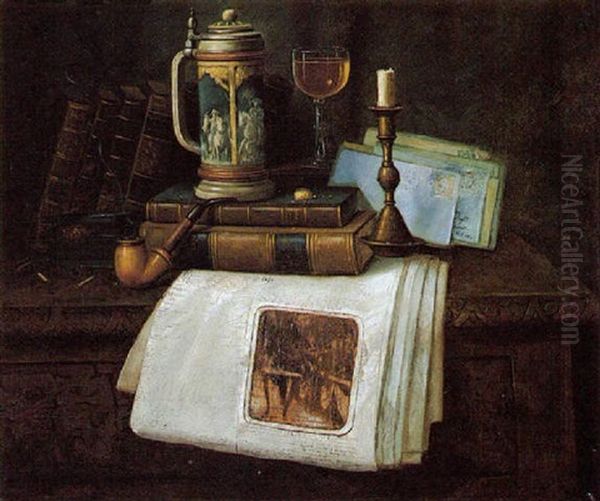 Still Life With Tankard, Newspaper, Books And Pipe Oil Painting by Charles Alfred Meurer