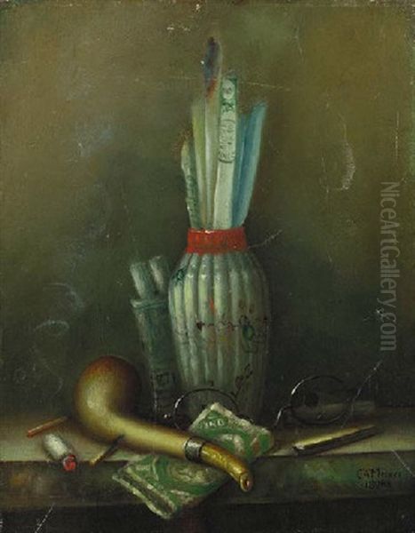 Still Life Of A Pipe, Spectacles, Pack Of Cigarettes, Matches, Dollar Bill, And Knife Oil Painting by Charles Alfred Meurer
