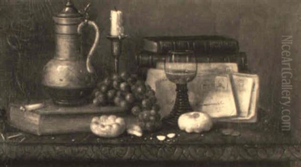 Still Life With Books, A Candle, Letters, A Wine Glass And A Cigarette Oil Painting by Charles Alfred Meurer