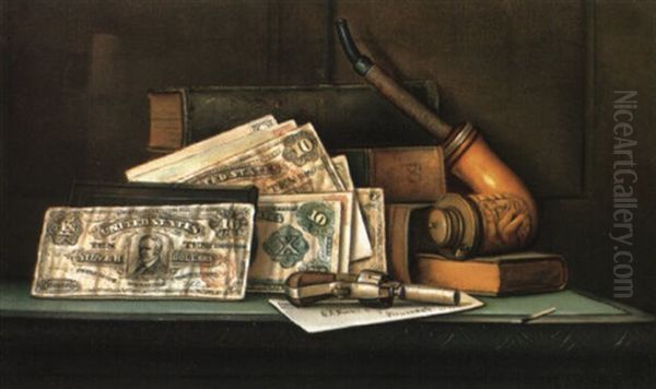 Still Life With Currency, Pipe, Pistol And Letter Oil Painting by Charles Alfred Meurer