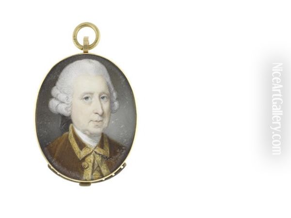 A Gentleman, Wearing Brown Coat Edged With Borders Of Gold And Matching Waistcoat, White Stock, His Powdered Wig Worn En Queue And Tied With Black Ribbon Oil Painting by Jeremiah Meyer