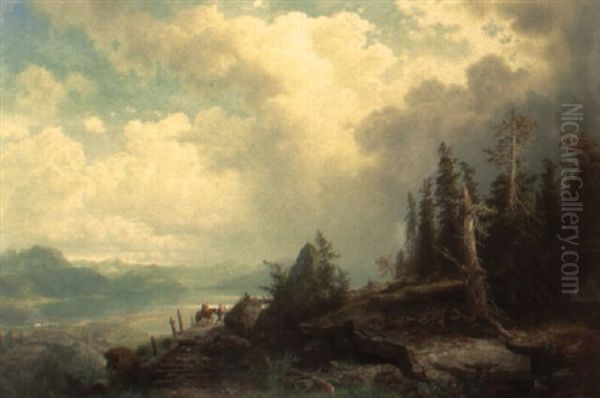 Figures In Boats Near A Lighthouse Oil Painting by Johan Hendrik Meyer