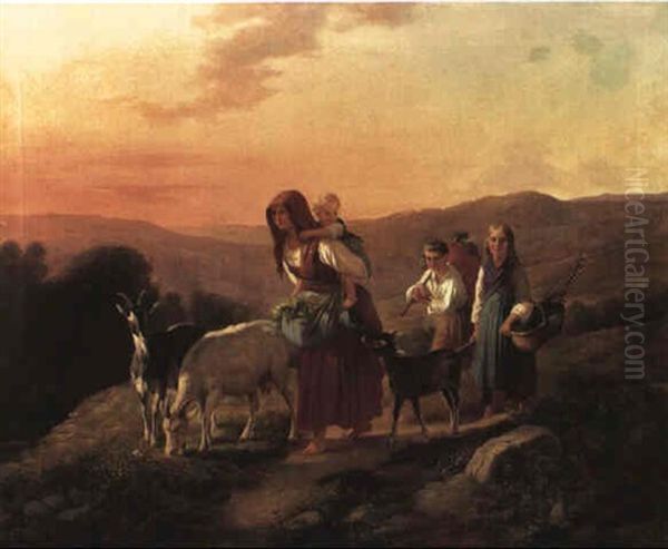 Junge Bauerinmit Ihren Drei J_ngsten Auf Dem Weg Nach Hause Oil Painting by Friedrich Eduard Meyerheim