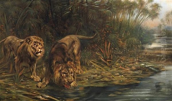 Lowen Am Fluss Oil Painting by Paul Friedrich Meyerheim