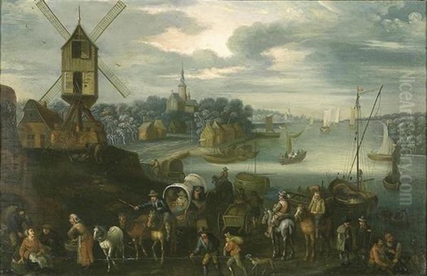 Nombreux Personnages Dans Un Paysage Fluvial Au Moulin Oil Painting by Theobald Michau