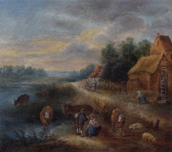 A Village With Peasants And Cattle By A River Oil Painting by Theobald Michau