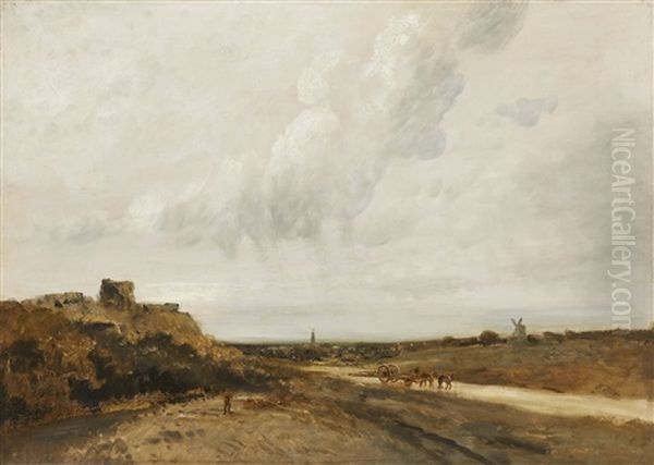Landscape With Wagon And A Wind Mill Oil Painting by Georges Michel