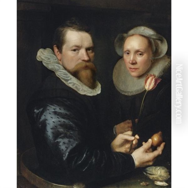 Double Portrait Of A Husband And Wife, He Holding A Tulip And Bulb, A Selection Of Shells On The Shelf Below Oil Painting by Michiel Janszoon van Mierevelt