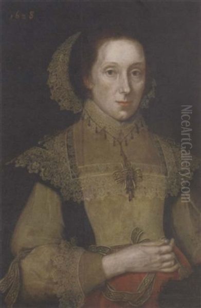 Portrait Of A Lady In A Black, White And Red Dress, With White Lace Collar, Cuffs And Headdress, A Fan In Her Right Hand Oil Painting by Michiel Jansz. van Mierevelt