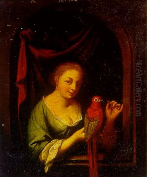A Woman With A Parrot At A Windowsill Oil Painting by Frans van Mieris the Elder