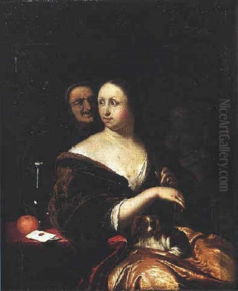 Vanite Sous Les Traits D'une Elegante Au Petit Chien Et Au Pli Cachete Oil Painting by Frans van Mieris the Elder