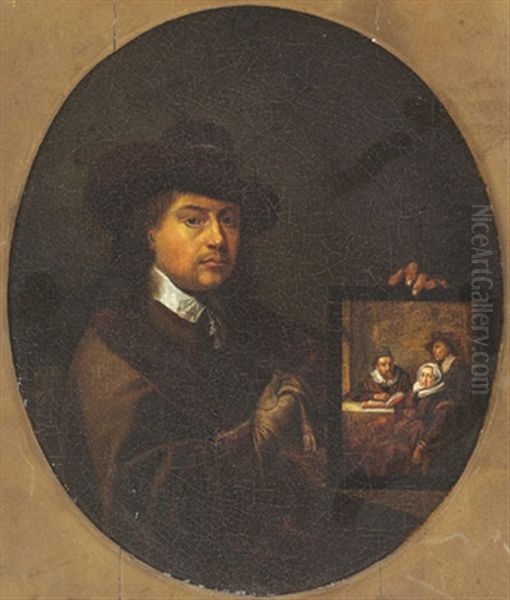 Ein Maler Halt Das Portrat Dreier Personen Oil Painting by Willem van Mieris