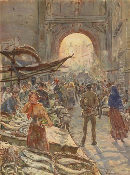 Reges Markttreiben Bei Der Porta Capuana Oil Painting by Vincenzo Migliaro