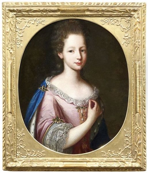 Junge Dame Im Spitzenbesetztem Rosa Seidenkleid Und Hermelingefutterten Blauen Mantel Oil Painting by Pierre Mignard the Elder