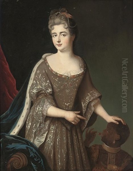 Portrait Of A Lady Traditionally Identified As Princess Marie-adelaide Of Savoy (1685-1712), Later Dauphine Of France, Three-quarter-length, In A Silver Embroidered Dress, Attended By A Oil Painting by Pierre Mignard the Elder