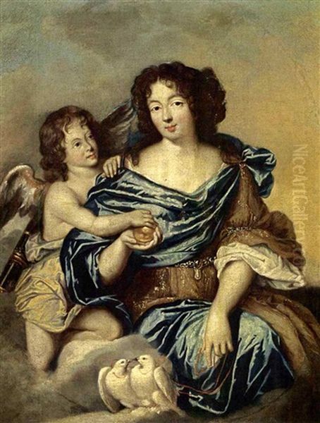 A Portrait Of A Lady As Venus, Wearing A Blue Satin Dress With A Gold And White Shawl, Holding Paris's Apple, Together With Cupid And Two Doves In The Foreground Oil Painting by Pierre Mignard the Elder