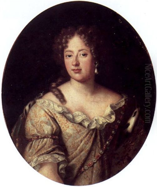 Portrait Of A Lady, Wearing A Low Cut Dress With Gold Brocade, Pearl And Ruby Jewellery And An Ermine Lined Blue Cloak Around Her Shoulder Oil Painting by Pierre Mignard