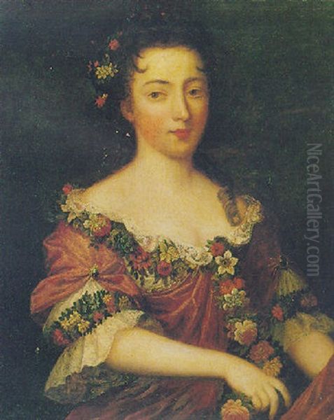 Portrait Of A Lady In A Red Dress With A Garland Of Flowers Oil Painting by Pierre Mignard the Elder