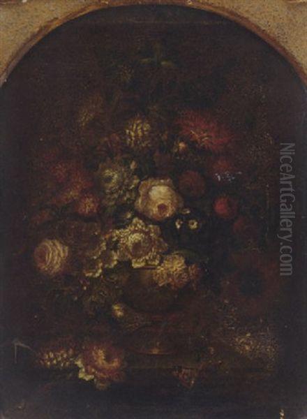 Roses, Carnations, Daffodils, And Other Flowers In A Silver Gilt Urn On A Ledge With A Butterfly Oil Painting by Abraham Mignon