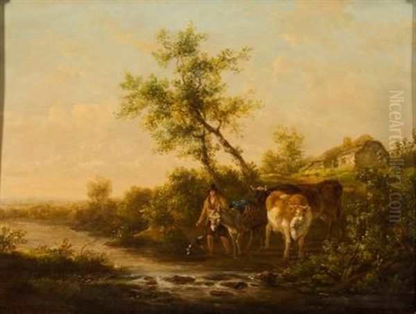 Drover, Mule And Cattle Crossing A Stream, A Cottage Beyond Oil Painting by Henry Milbourne