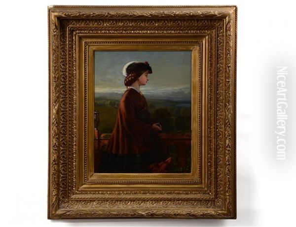 Lady And Dog On A Balcony With Landscape Oil Painting by John Everett Millais
