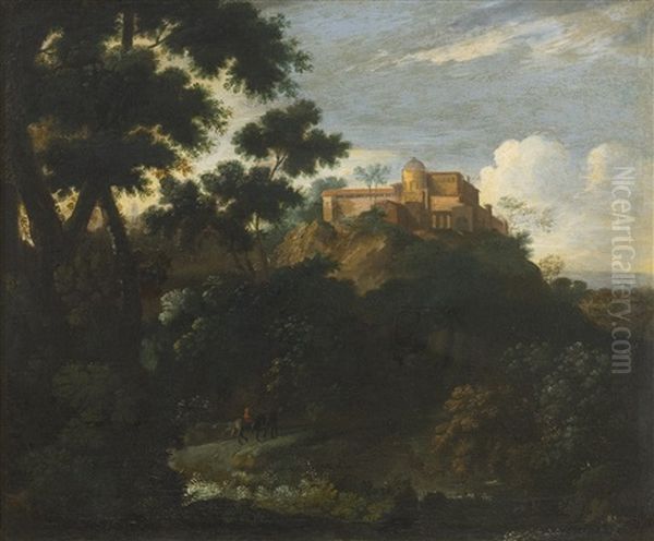 Wooded Mountainous Landscape With Travelers On A Track, A Villa Beyond Oil Painting by Jean-Francois Millet