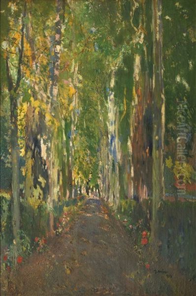 Camino De La Casa Guell, Santa Perpetua De La Mogoda (the Path To Casa Guell) Oil Painting by Joaquin Mir Trinxet