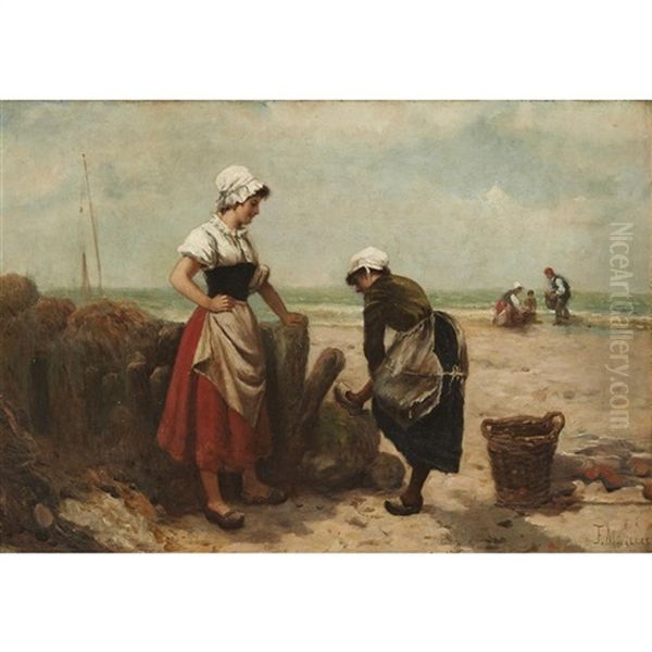 Fisherfolk On The Shore Oil Painting by Francisco Miralles y Galup