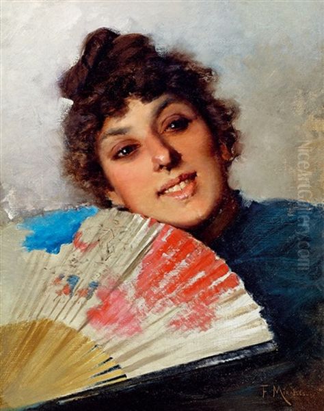 Young Spanish Woman With A Fan Oil Painting by Francisco Miralles y Galup