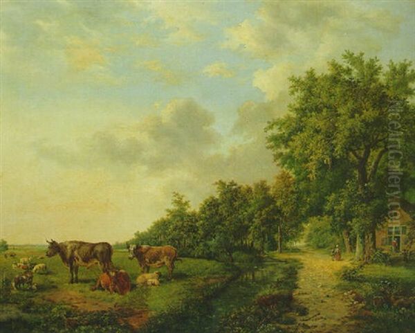 A Wooded Summer Landscape With Cattle In A Meadow Along A Ditch Oil Painting by Everardus Benedictus Gregorius Pagano Mirani