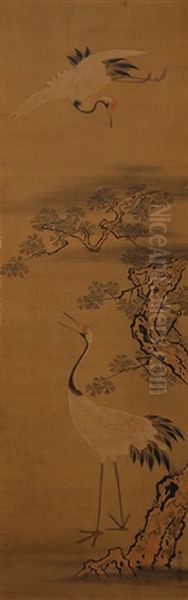Two Cranes Oil Painting by Mitsuoki, Tosa