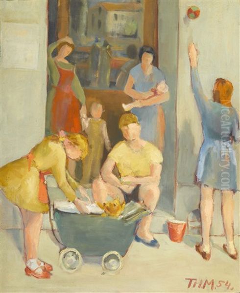 Spielende Kinder Mit Kinderwagen Oil Painting by Theo Modespacher