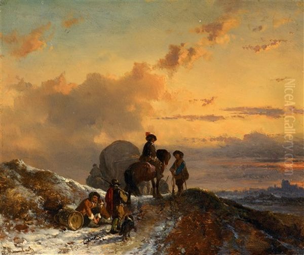 Winter Landscape With Soldiers At Rest Oil Painting by Joseph Jodocus Moerenhout